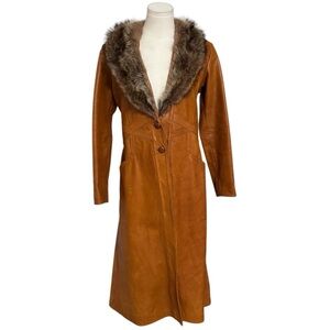 VINTAGE Mango Road Inc Leather Fur Jacket Trench Coat Long Penny Lane XS S Brown